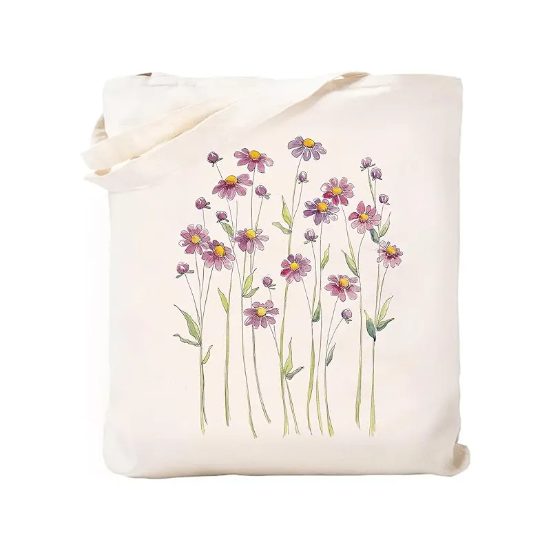 Bolso de lona de algodón a la moda, bolsos de mano estéticos, regalo para mujeres y niñas, bolso de mano reutilizable con tema de flores bonitas