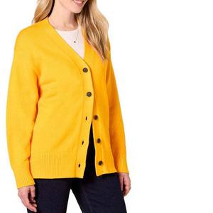 Pull en tricot pour femme, col en V, couleur jaune, bouton noir sur le devant, cardigan pour femme, automne-hiver - Product Image 1