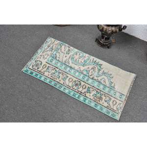 Alfombra de lana turca Vintage de 1,5x2,9 pies, diseño de retales Beige y azul, tejido plano con respaldo de látex para decoraciones de sala de estar - Product Image 4