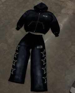 Pantalones de chándal acampanados con lavado ácido de diamantes de imitación de alta calidad, conjunto de 2 piezas con capucha y cremallera, traje de hombre con lavado ácido Vintage de diamantes de imitación Unisex - Product Image 1