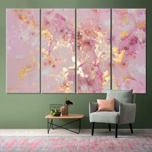 Toile d'art élégante en marbre doré : Impression murale moderne rose chatoyante, 4P : Prête à accrocher - Product Image 1