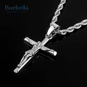Pendentif croix crucifix en argent sterling 925 plaqué or blanc 14 carats pour homme - Product Image 2