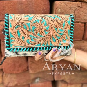 Porte-monnaie en cuir sculpté usiné à la main pochette étui de téléphone élégant portefeuilles en cuir de vachette portefeuille de couleur turquoise pour les femmes - Product Image 1