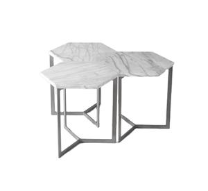 Mesa hexagonal Mesa auxiliar Mármol blanco Acero crudo Una base de acero inoxidable soldada Bordes pulidos para comedores y salas de estar H - Product Image 1
