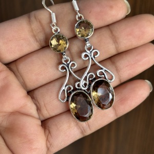 Boucles d'oreilles pendantes en argent sterling 925, quartz fumé naturel, forme ovale, cadeau tendance pour les mariages des femmes - Product Image 2