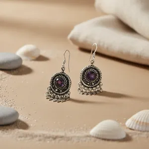 Pendientes de Plata 925 para Mujer, Estilo Bohemio Vintage, con Amatista en Bisel, Perla de Agua Dulce, Diseño Geométrico, Joyería para Uso Diario - Product Image 1