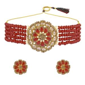 <b>Indian</b> Traditional <b>Choker</b> <b>Necklace</b> Floral Faux Pearl Beaded Multi Layered Crystal Wedding Manufacture Stud Earring Set, Maroon - Product Image 1