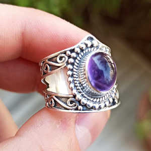 Handmade Amethyst Silver <b>Ring</b> Boho Purple Gemstone Inlay Jewelry <b>Statement</b> Gift for Her Birthday Anniversary Valentine's Day - Product Image 2