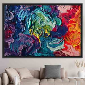 Impression sur verre artistique abstraite et colorée : Décoration murale moderne sur toile, toile encadrée noire - Product Image 1