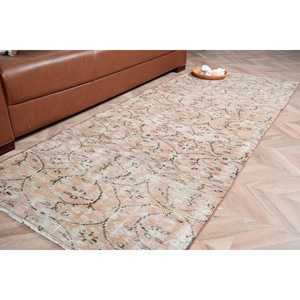 Vintage Rug 3x7.5 ft, <b>Brown</b> White Plants & trees <b>Wool</b> Turkish Rug - Product Image 1