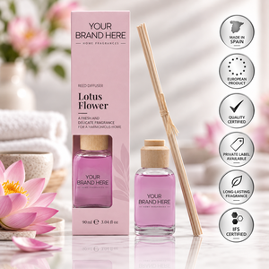 Diffusore di Aromi al Fiore di Loto 90ml con Etichetta Privata OEM |   Fragranza Floreale Orientale Rilassante per la Casa |   Prodotto in Spagna UE - Product Image 1