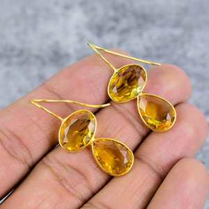 Boucles d'oreilles pendantes en argent sterling 925 plaqué or avec pierre précieuse citrine, bijoux à la mode, cadeau de fête pour petite amie - Product Image 1
