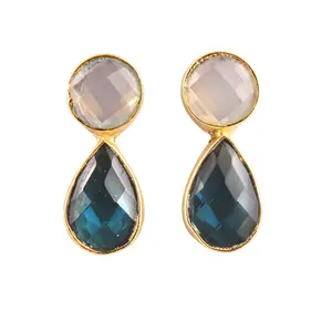 Western jewelry opalite & quartz double stone push back stud drop earrings classic design gold plated gemstone jewelry supplier