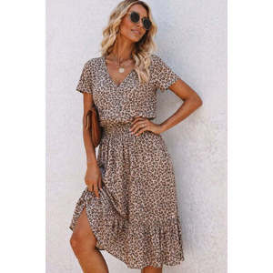 Vestido Midi Suprem con Cuello en V y Cintura Elástica, Kadin Kisa Kollu, 38420 - Leopardo - Product Image 4