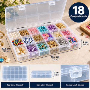Boîte de rangement pour bijoux en plastique transparent à 18 compartiments, couvercle à loquet, passe au lave-vaisselle, pour perles, artisanat, petites pièces, 19,3x10,6x2 cm - Product Image 1