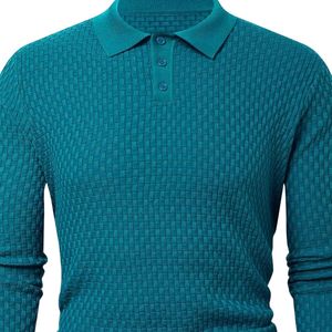 Polo de Manga Larga de Punto Texturizado Azul Verde Azulado para Hombre, Logotipo Personalizado de Alta Calidad, Transpirable, Informal, de Moda, para Negocios - Product Image 6