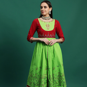 Ensemble Kurta Anarkali en Rayonne de Designer, Coupe Trapèze, à Manches Longues, Imprimé Floral et Impression par Décoloration, Tenue Décontractée pour le Bureau - Product Image 1