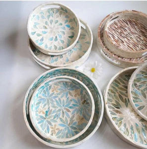 Plateau de service en bambou écologique, fait à la main, en rotin tressé, carré, rectangulaire, incrustation de nacre - Product Image 1