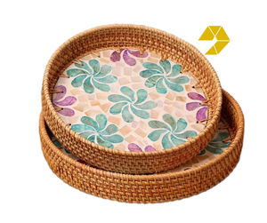 Bandeja de ratán con incrustaciones de madreperla, bandeja de ratán hecha a mano, forma redonda para servir comida, conjunto de decoración para sala de estar Bohemia, bandeja de ratán 2025 - Product Image 1