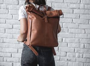 Unisex Roll Top <b>Backpack</b> Durable Fashionable School Travel Work Leather Notebook Computer LRTB-0002E - Product Image 2