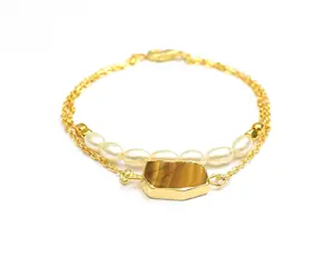 Tiger Eye Shell Pearl Gemstone Wire Wrapped Gold Plated Handmade Jewelry Fashion Chain Bezel Bracelet
