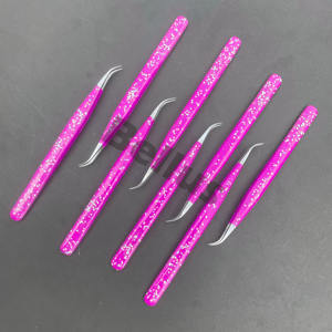 Pinzas de pestañas de acero inoxidable con múltiples puntas y purpurina Rosa personalizadas al por mayor, estilos de aislamiento de volumen, herramienta a granel para pestañas - Product Image 4