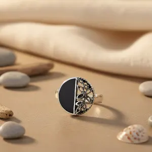 925 Sterling Silver <b>Black</b> Onyx <b>Ring</b> for <b>Women</b> Statement Fine Jewelry with Natural Stone Rhodium Plated Cut Set Inlay Technology - Product Image 3