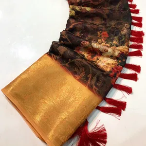 Уникальная Цифровая печатная концепция сари из органзы Зари с 8-дюймовым золотым плетением