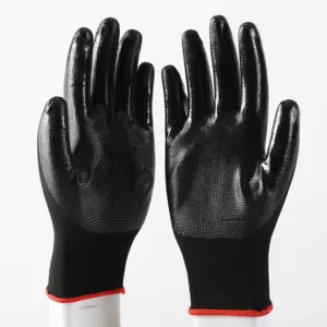 Luvas de trabalho manual de nitrilo preto revestido com palma de poliéster preto para construção de 4 segurança OEM para homens