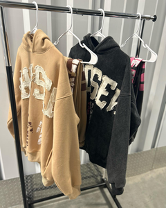 Sudadera con Capucha Corta para Hombre, Estilo Urbano Personalizado, Algodón Grueso, Dobladillo sin Rematar, Bordado Desgastado con Parches, Sin Cordones - Product Image 3