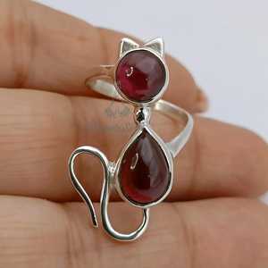 Bague chat en argent sterling fait main avec grenat, pierre de naissance de janvier - Product Image 3