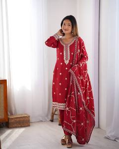 Red Salwar Kameez Dupatta, Pakistani <b>Indian</b> Outfit Dresses, Straight <b>Trouser</b> Kurtis Pant Suits, Gift For Her - Product Image 1