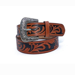 Ceinture d'outillage en cuir véritable occidental sculpté à la main floral gravé fantaisie tan pour unisexe dans toutes les tailles personnalisées avec boucle florale - Product Image 2