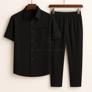 Ensemble deux pièces en coton pour hommes Chemise à manches courtes et pantalon à taille élastique | Vêtements décontractés respirants | Conception personnalisée OEM - Product Image 4