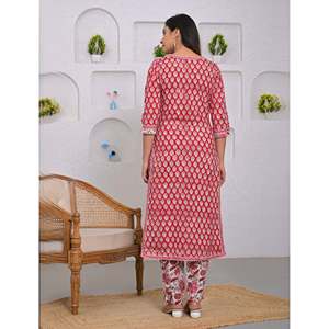 ชุดกางเกงคุรตะผ้าฝ้ายพิมพ์ลายสีแดง แขนสามส่วน สำหรับใส่ในชีวิตประจำวัน - Product Image 5