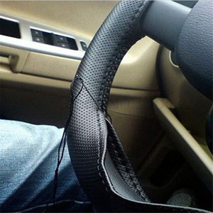 Housse de volant de voiture en cuir PU cousue OEM, noire - Product Image 2