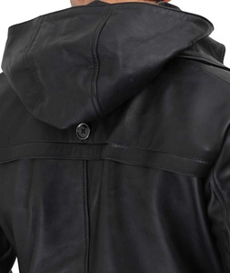 New Mens Black Long Leather Hooded Coat Full Customized With Faux Shearling Lining <b>Belted</b> Collar and Half Length Two Side <b>Pocket</b> - Product Image 4