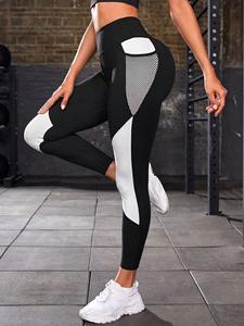 European American Women's High Waist Yoga <b>Pants</b> Cross-Border <b>Sexy</b> Running Leggings Mesh Pocket Sweat-Wicking Solid Elastic Waist - Product Image 3