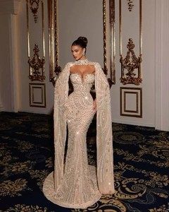 Robes de soirée musulmanes de luxe pour femmes, style sirène, à manches courtes, longueur ras du sol, perlées, respirantes, grande taille, couleur nude, style Dubaï - Product Image 1