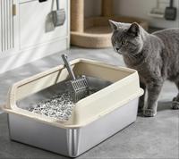 Bac à litière en acier inoxydable pour chats, avec rebord haut anti-éclaboussures, plateau facile à nettoyer pour grands chats, avec pelle, design antiadhésif
