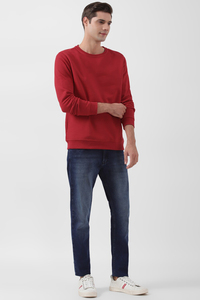 <b>Men</b> <b>Red</b> Crew Neck Pullover <b>Sweatshirt</b> Regular Fit Casual Knitted Cotton Solid Color Autumn Wear - Product Image 4