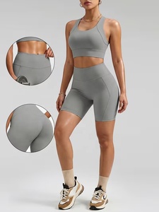 Wholesale Grey Gym OEM Yoga & Fitness Yoga Set High Waisted Shorts Racerback Sports Bra Seamless Pockets Four-Way Stretch - Product Image 5