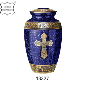 โกศใส่ศพทำจากทองเหลืองสำหรับขี้เถ้าของมนุษย์สีน้ำเงินเข้มฝังดอกไม้และงานศพ - Product Image 5