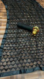 Mới Nhất Thiết Kế Mono Mềm <span class=keywords><strong>Net</strong></span> Sari Bollywood Phong Cách Màu Đen Bên Mặc Với Tất Cả Các Trình Tự Làm Việc Satin Ren Váy Vải - Product Image 5