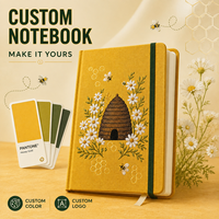 Carnet personnalisé LABON en forme de ruche, jaune moutarde, couverture rigide en tissu, impression UV, marguerites, abeilles, nid d'abeille, vert forêt, bande élastique