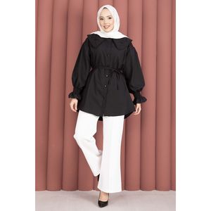 Túnica Negra de Popelina con Cuello Bordado, Diseño Floral de Encaje, Cintura con Cordón Ajustable, Corte Holgado, Talla XL, para Oficina, Primavera/Otoño, Rayón - Product Image 1