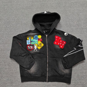 Sudadera con Capucha de Felpa Francesa de Alta Calidad, 350 Gramos, Estilo Urbano, Vintage, Lavado Ácido, Bordado Pesado, Pedrería, Color Sólido - Product Image 3