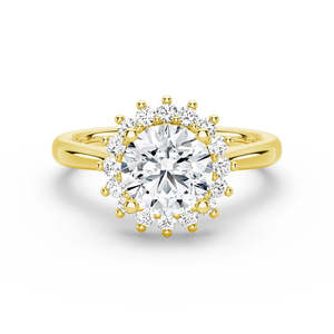 Anillo de Compromiso de Oro de 18K con Forma de Flor, Engastado con Rodio, Moissanita Redonda Incolora de Corte Brillante y Excelente Corte - Product Image 1