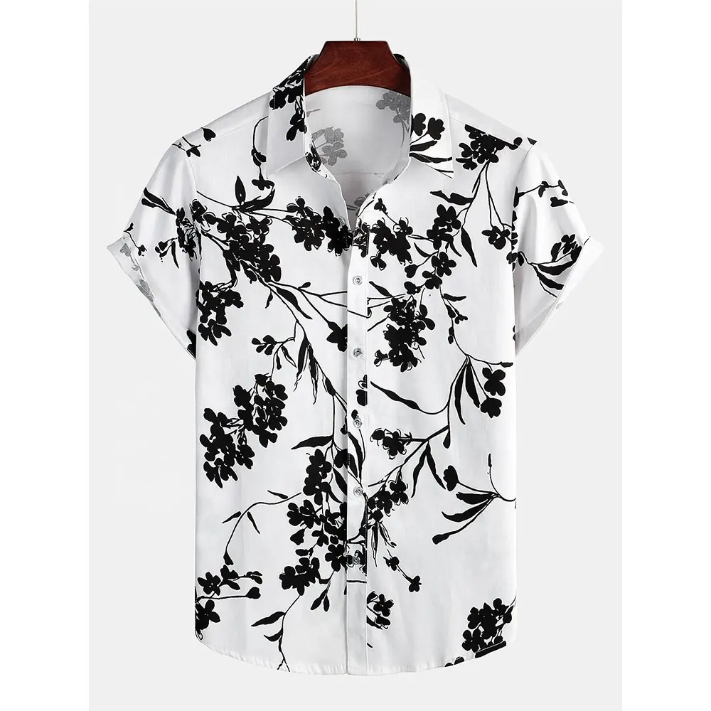 2023High Quality Embroidery Logo Men's Summer Cotton Hawaiian Printed Short Hawaii Style Casual Floral Shirts For Beach T-shirts