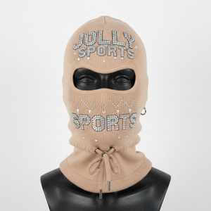 Balaclava en tricot côtelé pour femme, hiver, 280 GSM, mélange de coton et d'acrylique de qualité supérieure, couleur nude, logo personnalisé en strass - Product Image 6